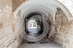 Silent streets in the old city of Jerusalem, Israel. The St. Francis Street - Via Delorosa. photo