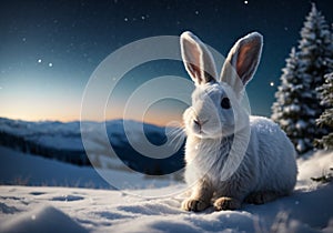 Silent Watcher: Snow Hare Amidst Frozen Mountain and Starry Night