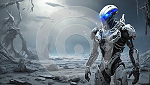 silent witness, a halo-inspired robot in an alien landscape. AI generated