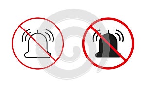 Silent Zone. No Loud Sound Allowed Warning Sign Set. Ring Bell Prohibit Line And Silhouette Icons. Please Turn Off