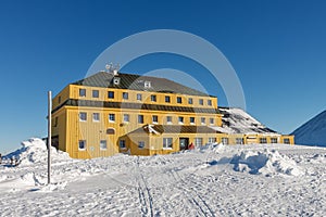 Silesian house at the foot of Snezka, krkonose mountains. Snezka is mountain on the border between Czech Republic and Poland