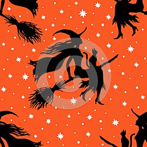 Silhoettes of witches, halloween vector seamless  pattern