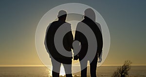 Silhoeutte of couple walking hand in hand on the beach during sunset 4k