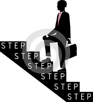 Silhouete of the man in the suit with briefcase up the stairs with inscription `step` for each step