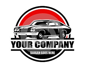 Silhouette of a 1970s muscle car logo. isolated white background view from side.
