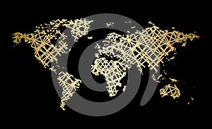 Silhouette of abstract golden colored world map on black background - vector