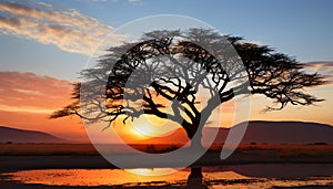 Silhouette of acacia tree in African sunset generated by AI