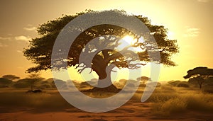 Silhouette of acacia tree in tranquil African wildlife reserve at sunset generated by AI