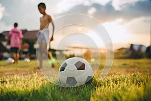 Silhouette action sport outdoors of diversity of kids having fun playing soccer football for exercise in community rural area unde