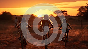 Silhouette of active Asian kids riding bikes at sunset. Generative AI