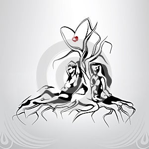 Silhouette of Adam and Eve sitting near a tree. vector illustration
