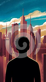 Silhouette admires city skyline, vibrant sky, urban dreams, ambition, skyscrapers, warm tones