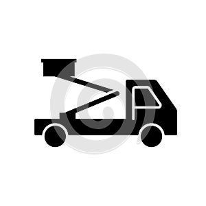 Silhouette Aerial platform. Outline icon of truck with basket. Black simple illustration of construction special equipment. Flat