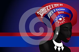 Silhouette of African American woman with headdress with juneteenth flag pattern.