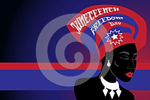 Silhouette of African American woman with headdress with juneteenth flag pattern.