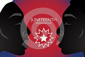 Silhouette of African American woman and man with headdress with juneteenth flag pattern.