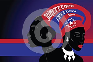 Silhouette of African American woman and man with headdress with juneteenth flag pattern.