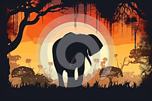 Silhouette of african animals. Elephant at sunset near trees. Generative AI