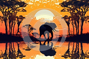 Silhouette of african animals. Elephant at sunset near trees. Generative AI