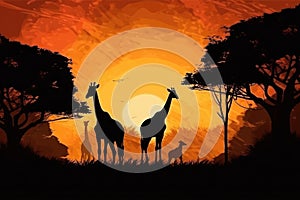 Silhouette of african animals. Giraffe at sunset near trees. Generative AI