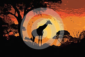 Silhouette of african animals. Giraffe at sunset near trees. Generative AI
