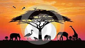 A silhouette of African Animals at Sunset, a Large Tree