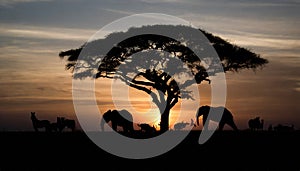 A silhouette of African Animals at Sunset, a Large Tree