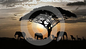 A silhouette of African Animals at Sunset, a Large Tree