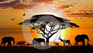 A silhouette of African Animals at Sunset, a Large Tree