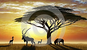 A silhouette of African Animals at Sunset, a Large Tree