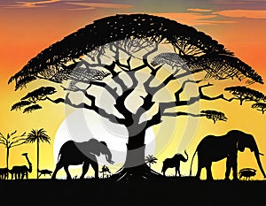 A silhouette of African Animals at Sunset, a Large Tree