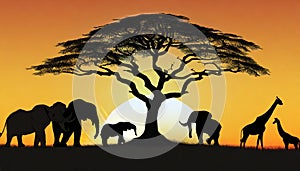 A silhouette of African Animals at Sunset, a Large Tree