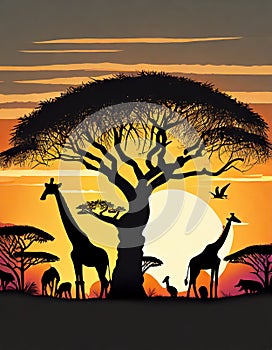 A silhouette of African Animals at Sunset, a Large Tree