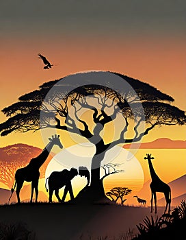 A silhouette of African Animals at Sunset, a Large Tree