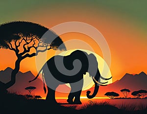 A silhouette of African Animals at Sunset, a Large Tree