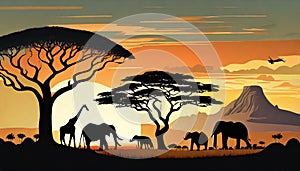 A silhouette of African Animals at Sunset, a Large Tree