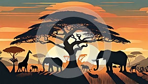 A silhouette of African Animals at Sunset, a Large Tree