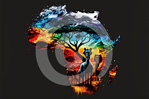 Silhouette of the African continent with animals created with generative AI technology