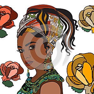 Silhouette of African girls in bright colored turban on her head in profile with earrings.necklace and roses