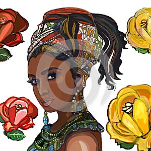 Silhouette of African girls in bright colored turban on her head in profile with earrings.necklace and roses