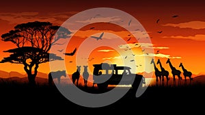 Silhouette of African safari scene with animals and vehicle