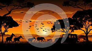 Silhouette of African safari scene with animals and vehicle