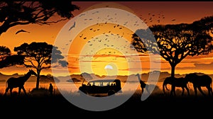 Silhouette of African safari scene with animals and vehicle