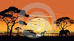 Silhouette of African safari scene with animals and vehicle