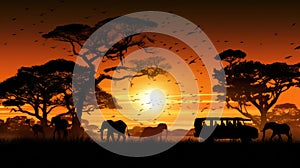 Silhouette of African safari scene with animals and vehicle