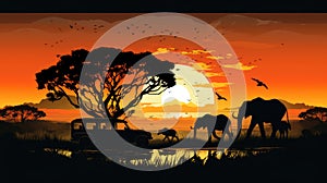 Silhouette of African safari scene with animals and vehicle