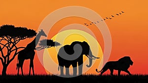 Is a gradient of orange and yellow with a flock of birds in the