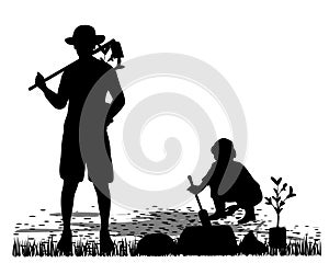 Silhouette Agriculturist growth small plant