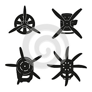 Silhouette of aircraft engine . Black drawing of motor with propeller on white background