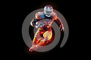 Silhouette of American football player, player in action on fire. Isolated on black background